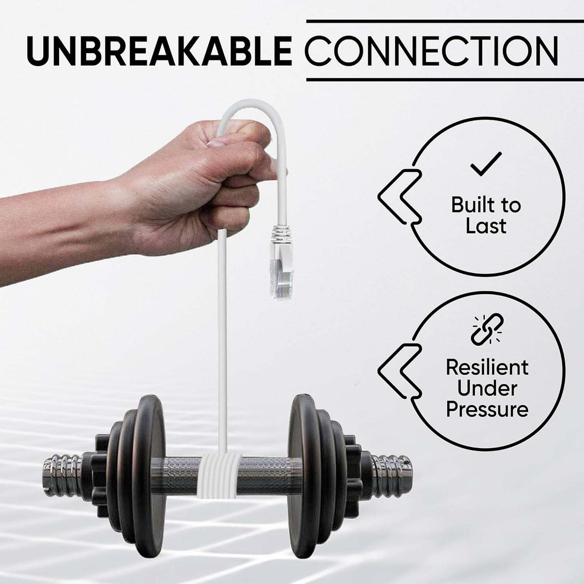 A hand holds a white ethernet cable bent over a dumbbell, illustrating its durability with text overlays.