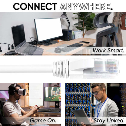 Various scenes of people using ethernet cables for work, gaming, and networking are shown with text overlays.