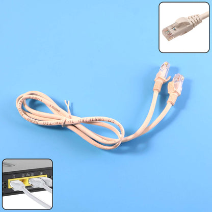 A coiled white ethernet cable with two connectors is shown on a blue background, with insets of the connector and – view 3