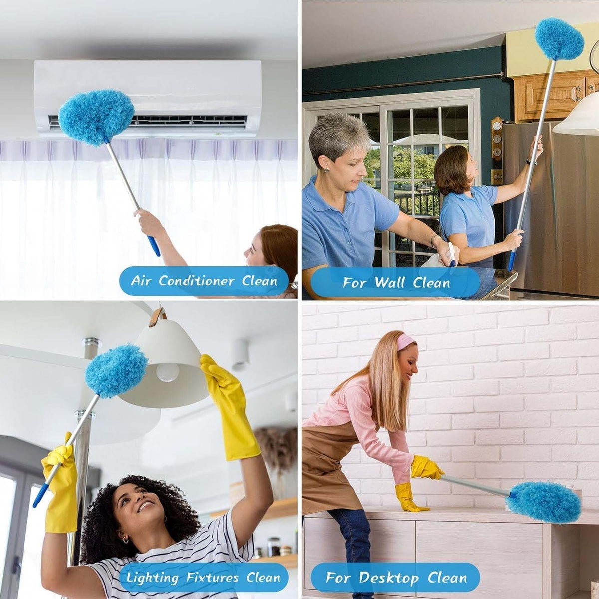 Four panels show people using the blue duster to clean an air conditioner, wall, lighting fixture, and desktop.