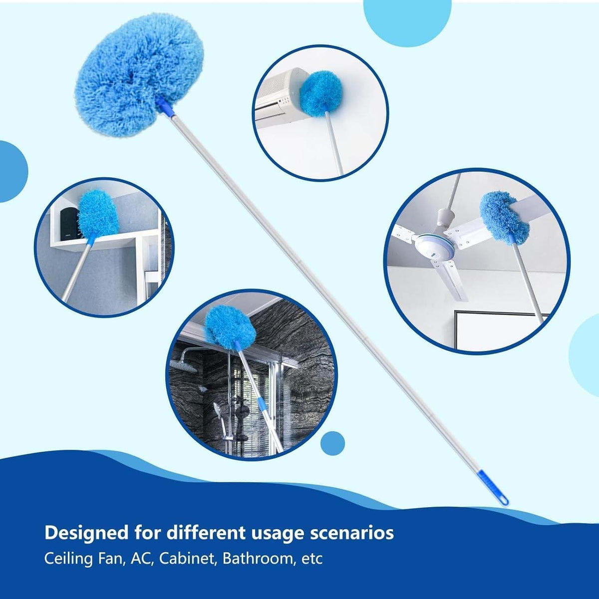The blue duster is shown with insets demonstrating its use for cleaning an air conditioner, cabinet, and ceiling fan.