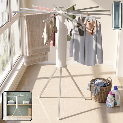 White tripod clothes drying rack with various clothes hanging on it, next to a laundry basket and detergents.