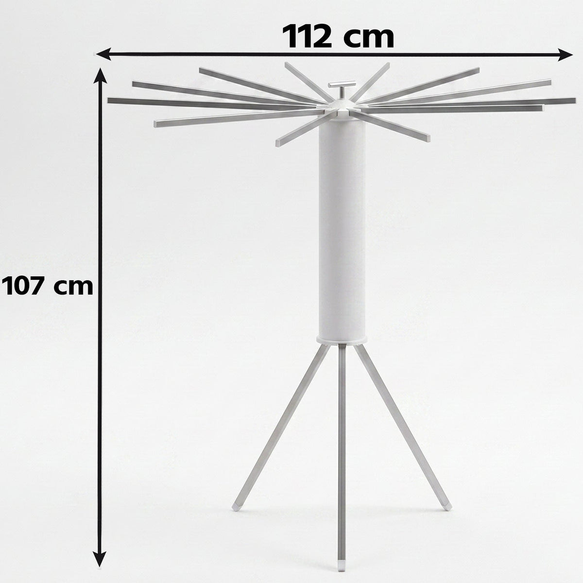 White tripod clothes drying rack with dimensions of 112 cm width and 107 cm height indicated.