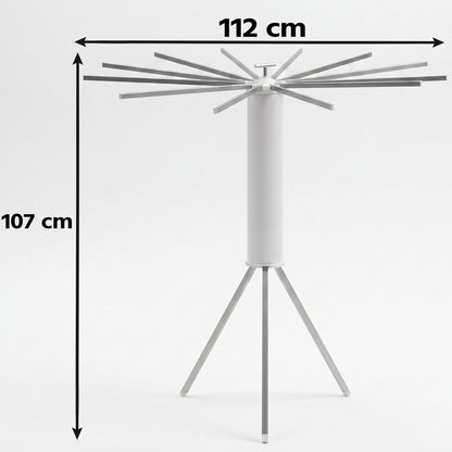 White tripod clothes drying rack with dimensions of 112 cm width and 107 cm height indicated.