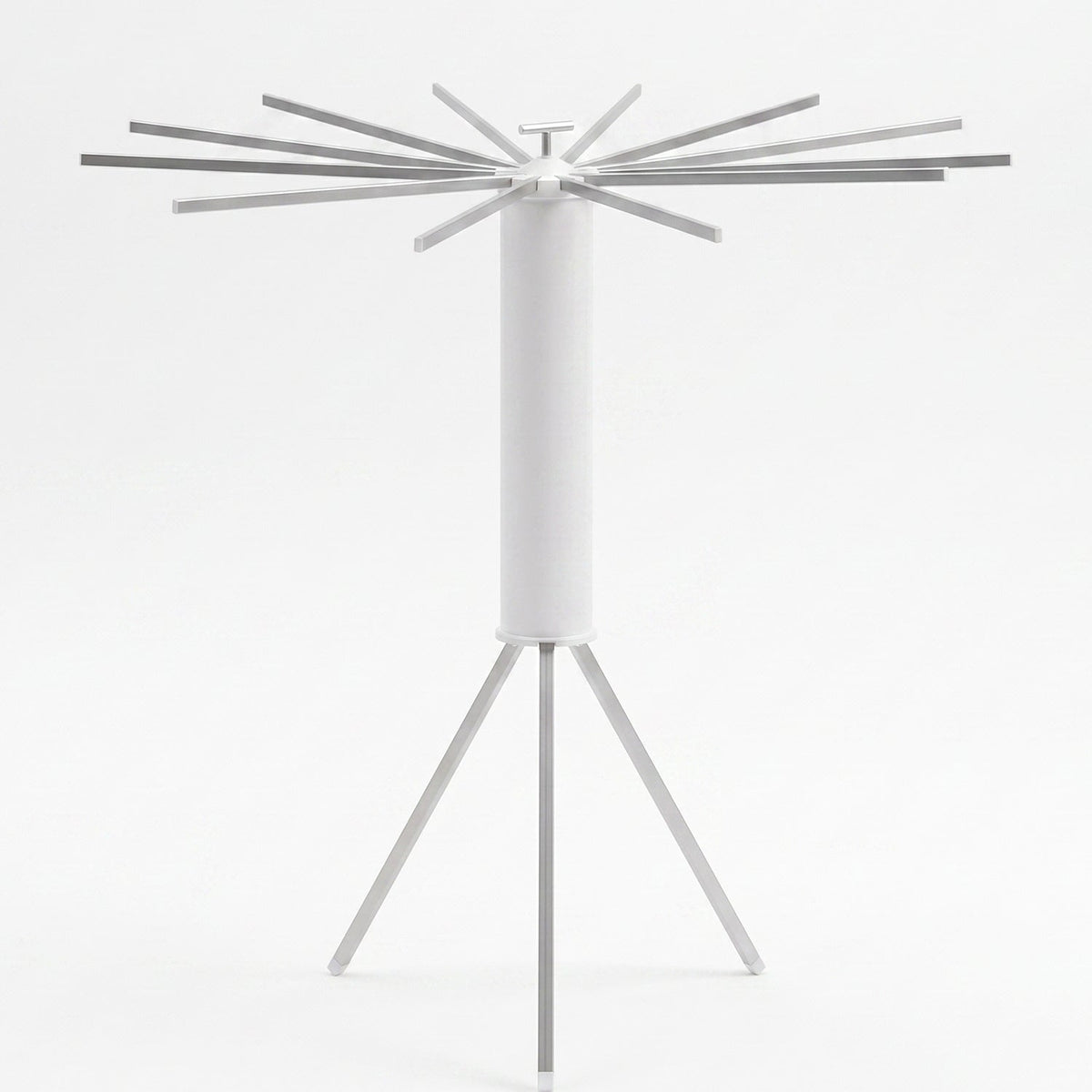 White tripod clothes drying rack with all arms extended, presented against a plain white background.