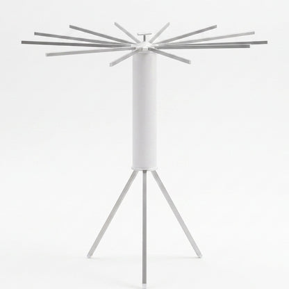 White tripod clothes drying rack with all arms extended, presented against a plain white background.