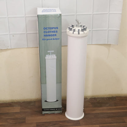 White cylindrical clothes hanger and its packaging box, both showing the product's design.