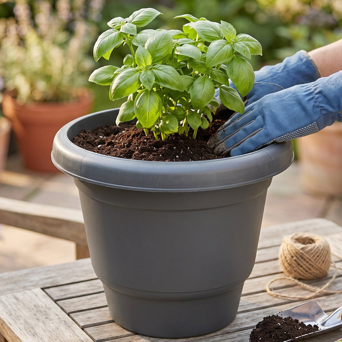 Hands in blue gloves planting basil in a gray plastic pot on a wooden table with gardening tools and twine.