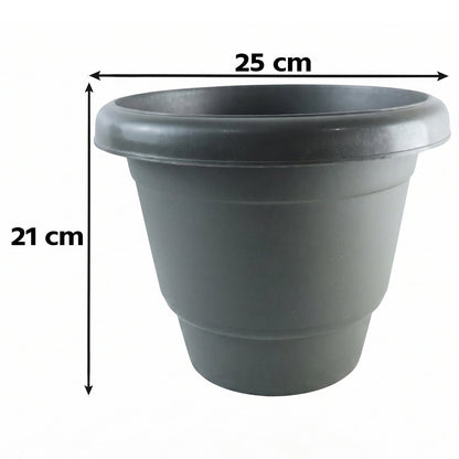 A single gray plastic flower pot with dimensions indicated: 25 cm width and 21 cm height, on a white background.
