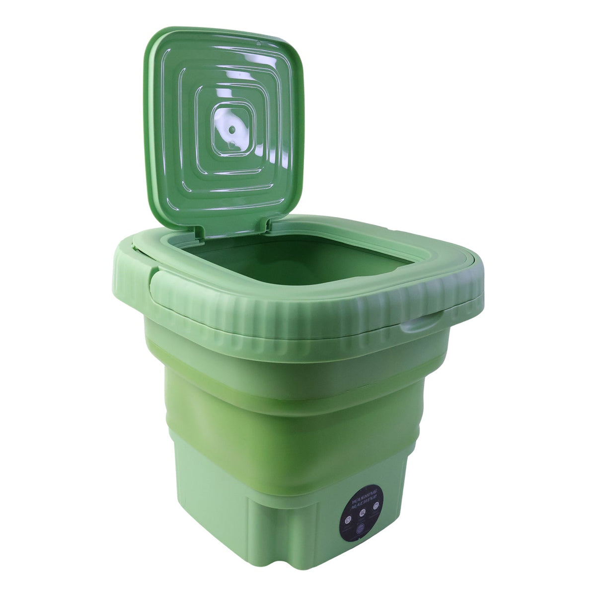 The green portable washing machine is shown collapsed with its lid closed, alongside various black accessories and a white