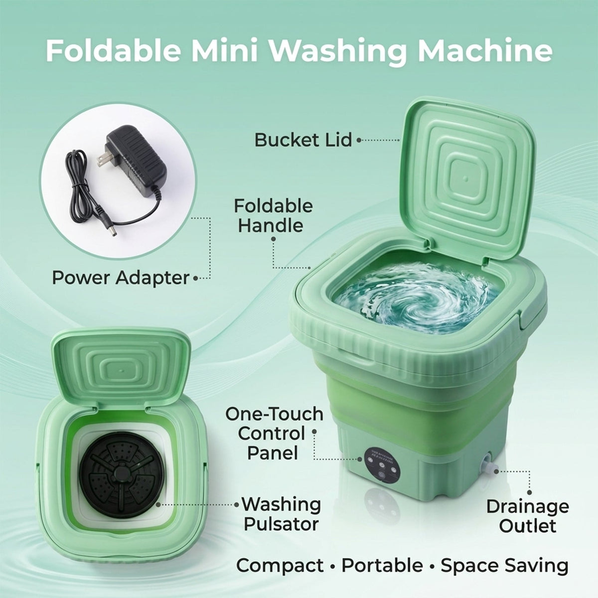 An infographic of the green portable washing machine highlights its features, including the power adapter, bucket lid,