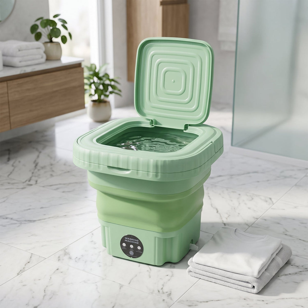 A green portable washing machine with its lid open, showing water swirling inside, with folded white clothes beside – view 9