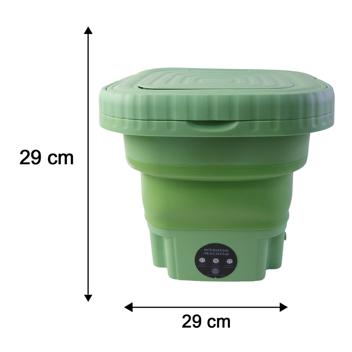 A green portable washing machine with its lid closed, displaying its dimensions of 29 cm in height and width with black