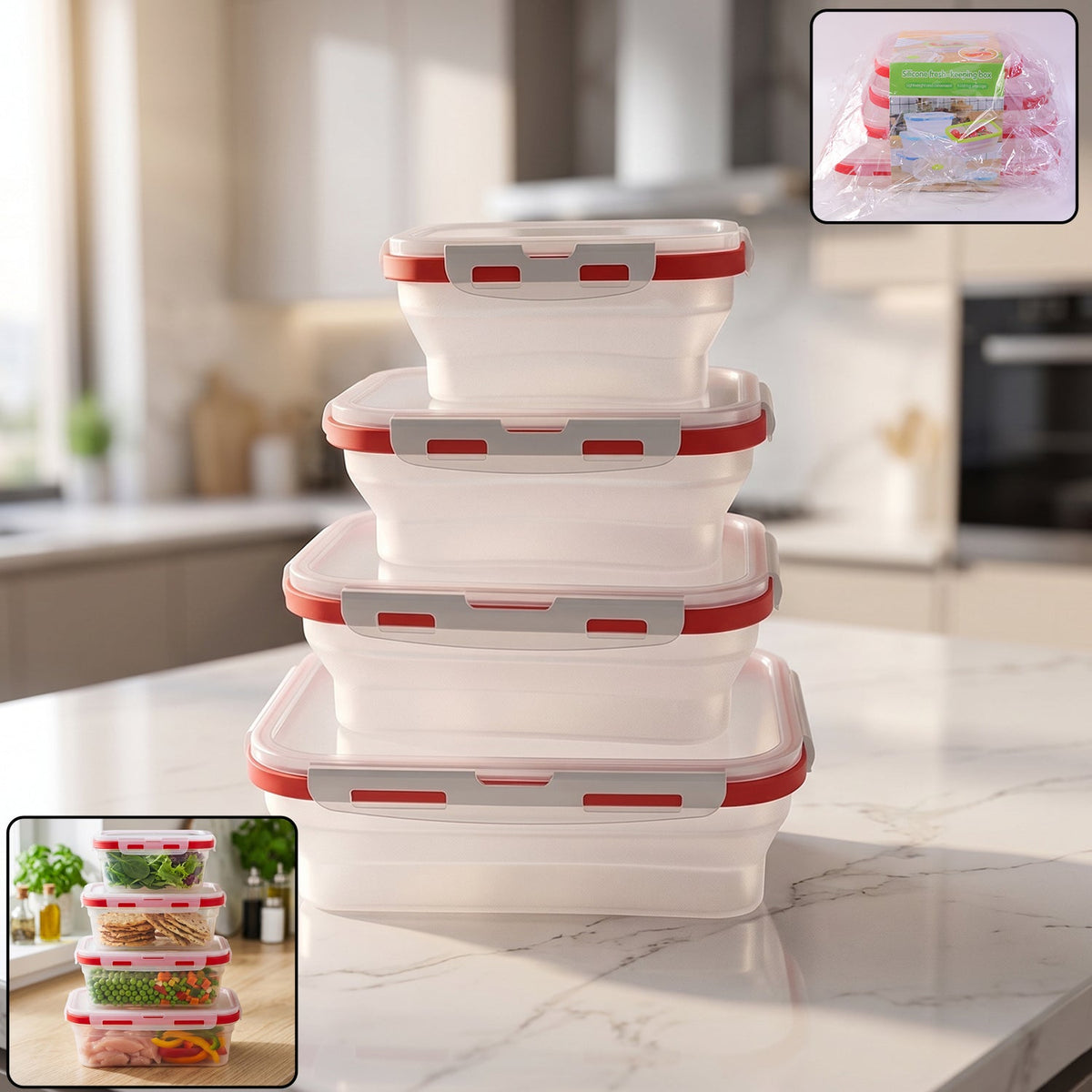 Four clear collapsible food containers with red and grey clasps, stacked in a modern kitchen setting.