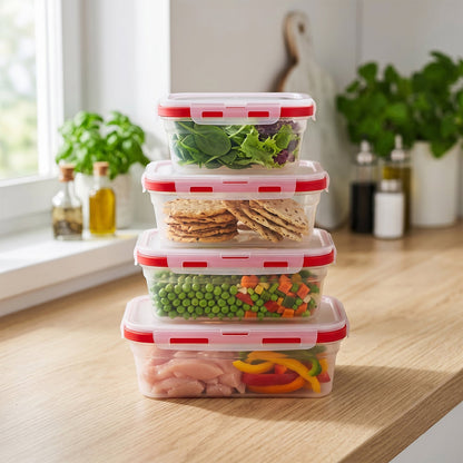 Four clear food containers with red lids, filled with salad, crackers, vegetables, and chicken, on a wooden counter.
