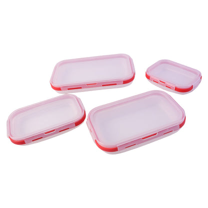 Four clear collapsed food containers of varying sizes with red trim and clear lids, arranged on a white background.