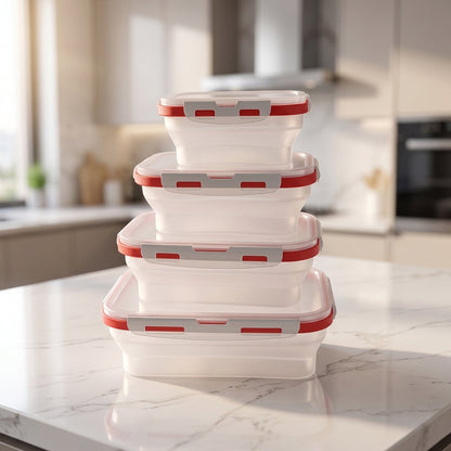 Four clear collapsible food containers with red and grey clasps, stacked on a white marble countertop in a kitchen.