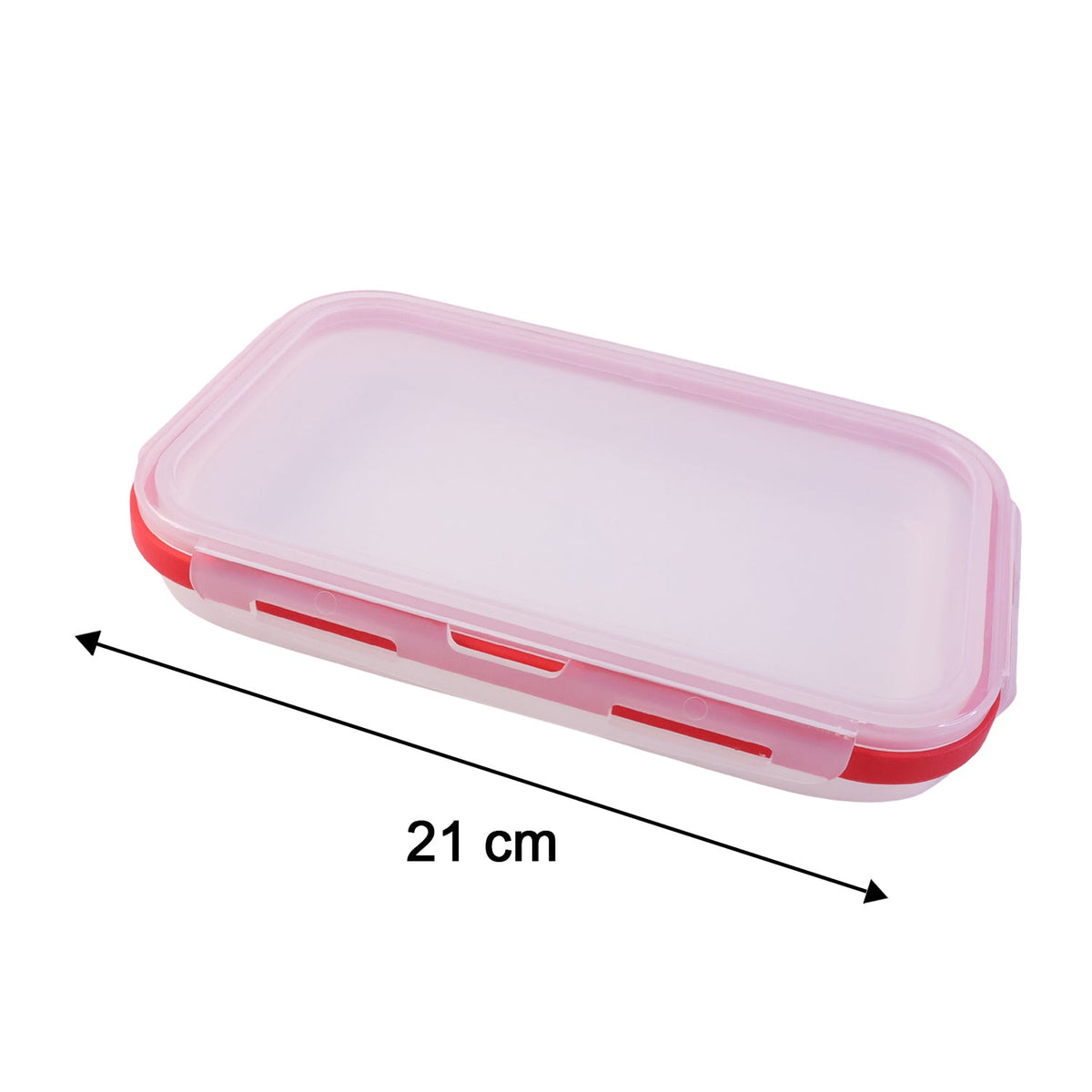 A single collapsed clear food container with red trim and a clear lid, showing a 21 cm length measurement.