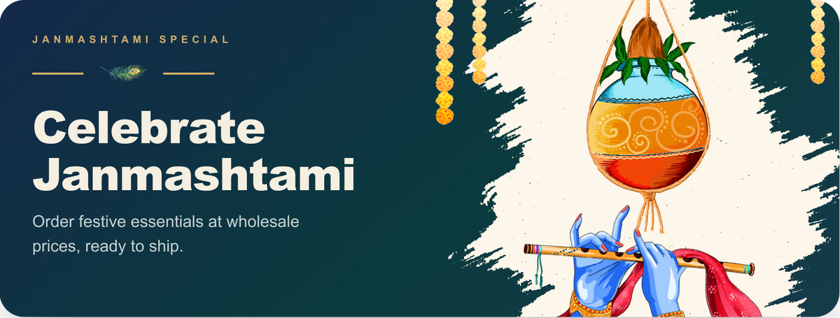 A graphic banner for "Janmashtami Special" with an illustration of a hand playing a flute and a hanging pot.