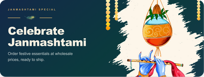 A graphic banner for "Janmashtami Special" with an illustration of a hand playing a flute and a hanging pot.