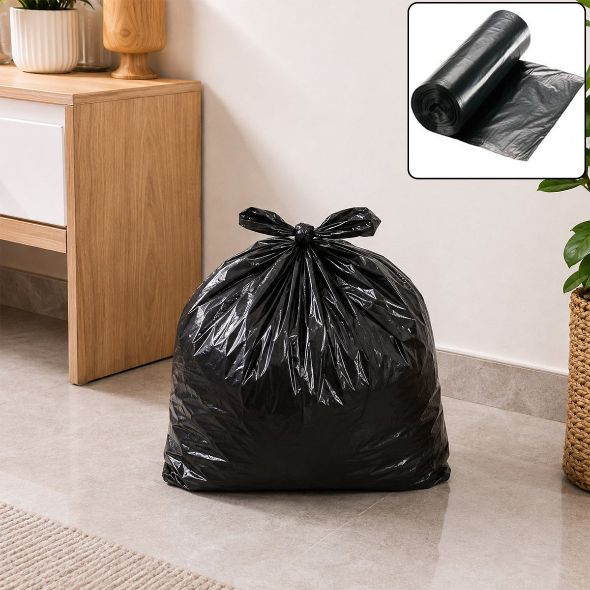 A tied black garbage bag on a light gray floor, with a rolled bag and flat bag shown in an inset.