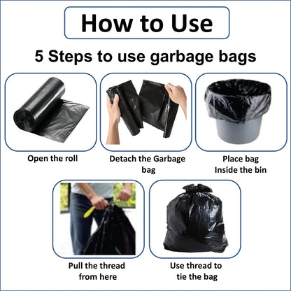 A five-step diagram showing how to use a garbage bag, from unrolling to tying a full bag.