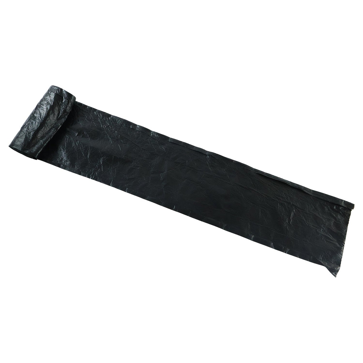 A long, unrolled black plastic garbage bag with a slight diagonal tilt on a white background.