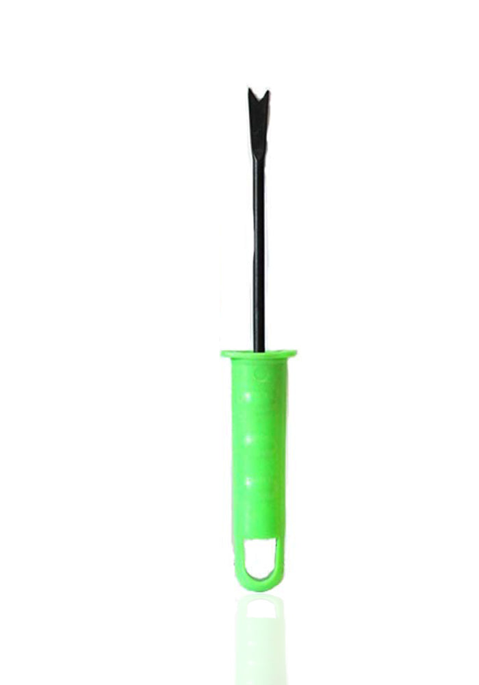 A single mini weeding tool with a black metal head and a bright green plastic handle is shown on a white background.