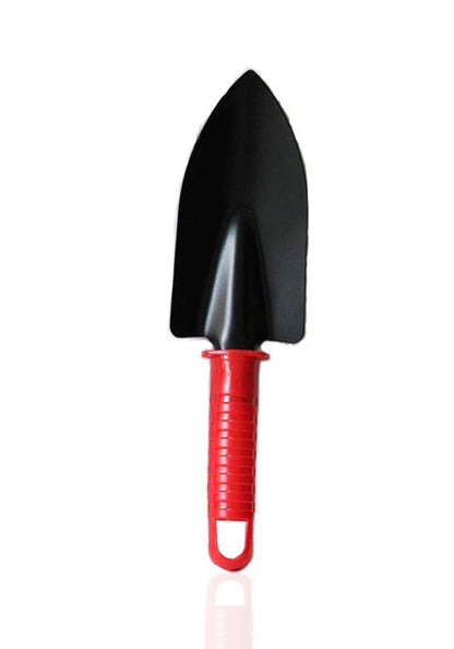 A single mini gardening trowel with a black metal blade and a red plastic handle is centered on a white background.