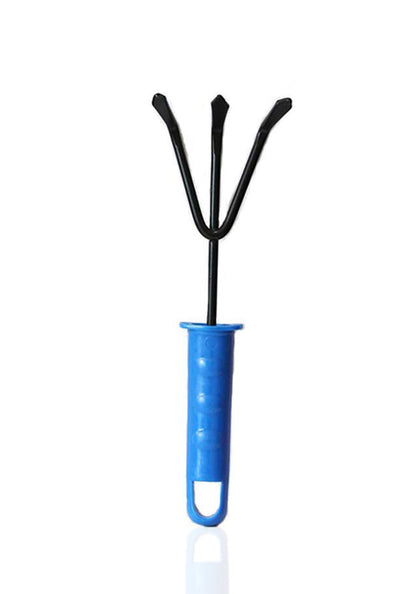 A single mini three-pronged rake with a black metal head and a blue plastic handle is centered on a white background.