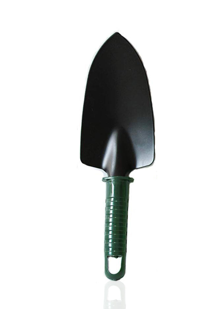 A single mini gardening trowel with a black metal blade and a dark green plastic handle is centered on a white background.