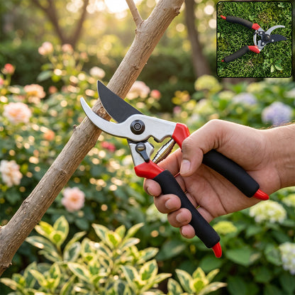 A hand holding red and black garden pruners next to a tree branch, with a small inset image of the pruners
