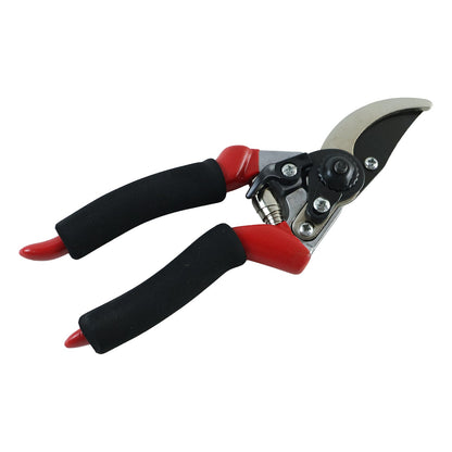 Red and black garden pruners with silver blades and black foam handles, shown on a white background.