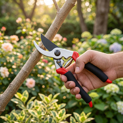 A hand holds red and black pruning shears, poised to cut a branch in a sunny garden with blurred flowers.