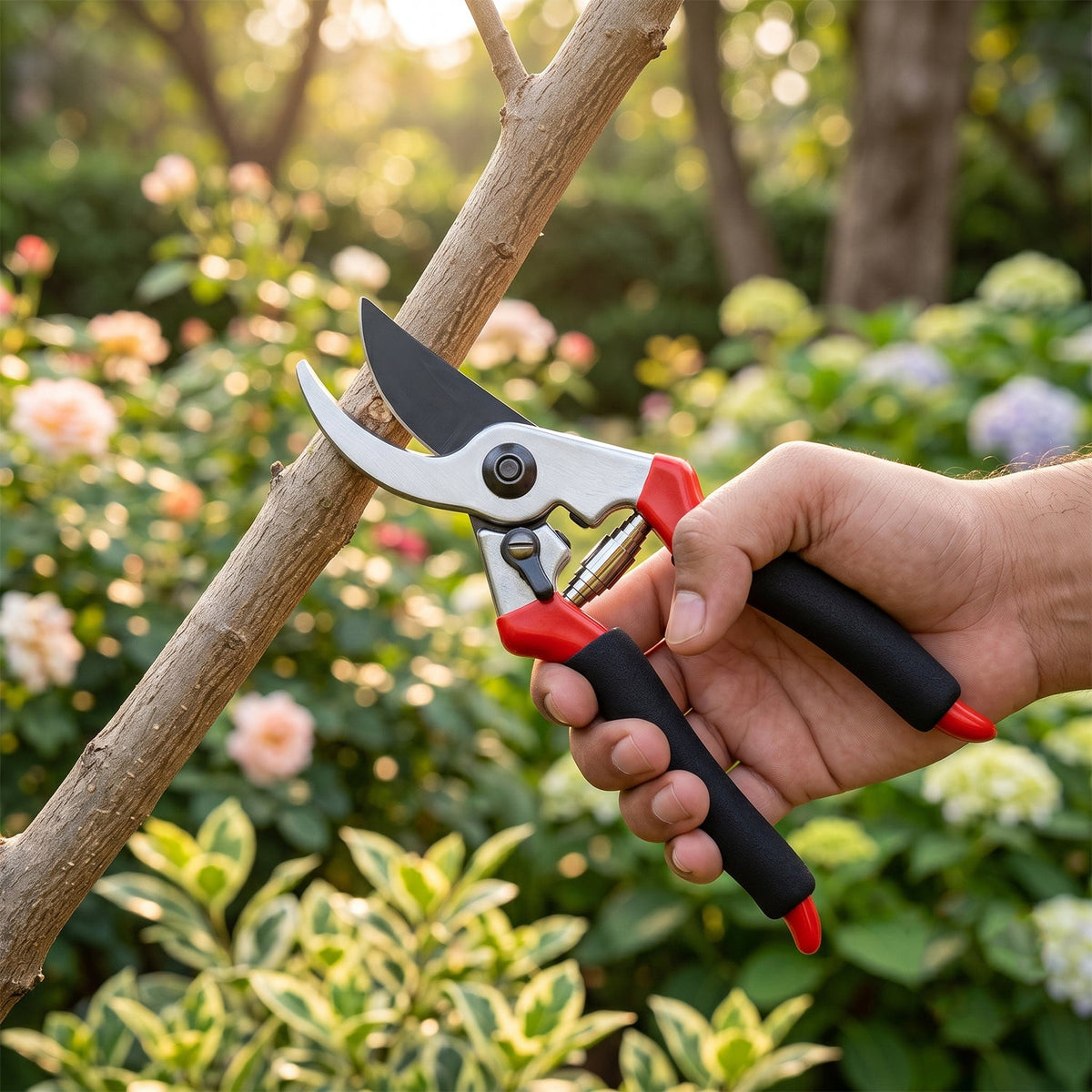 A hand holding red and black garden pruners near a tree branch in a sunny garden.