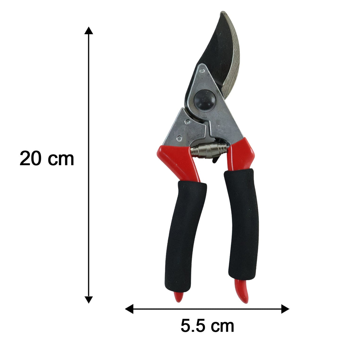 Red and black garden pruners with dimensions of 20 cm length and 5.5 cm width on a white background.