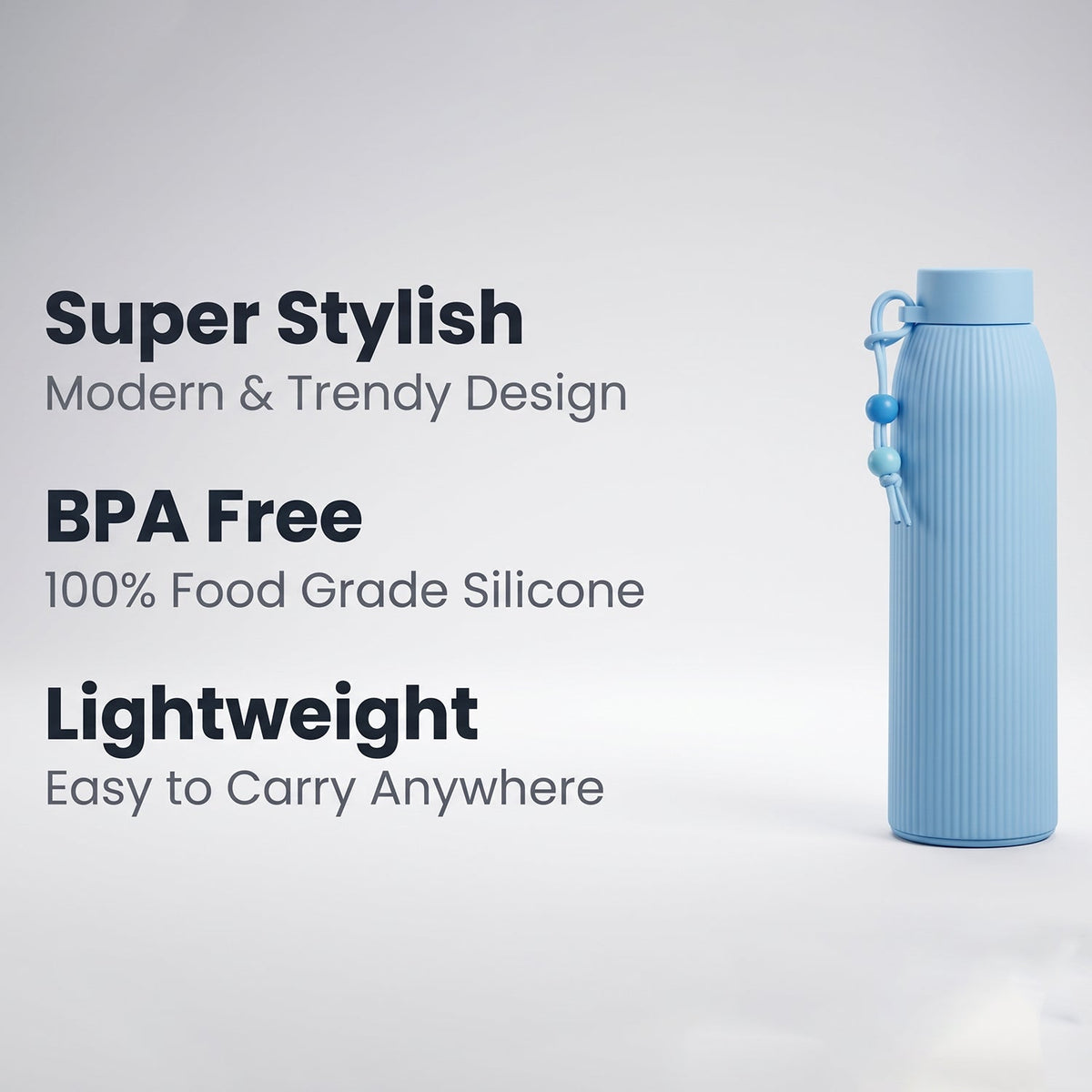 A light blue ribbed glass water bottle stands next to text describing it as "Super Stylish," "BPA Free," and "Lightweight."