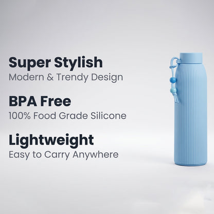 A light blue ribbed glass water bottle stands next to text describing it as "Super Stylish," "BPA Free," and "Lightweight."