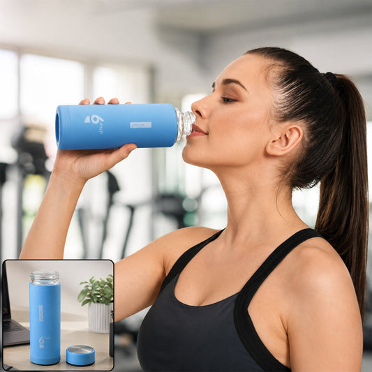 Premium glass drinking water bottle lifestyle