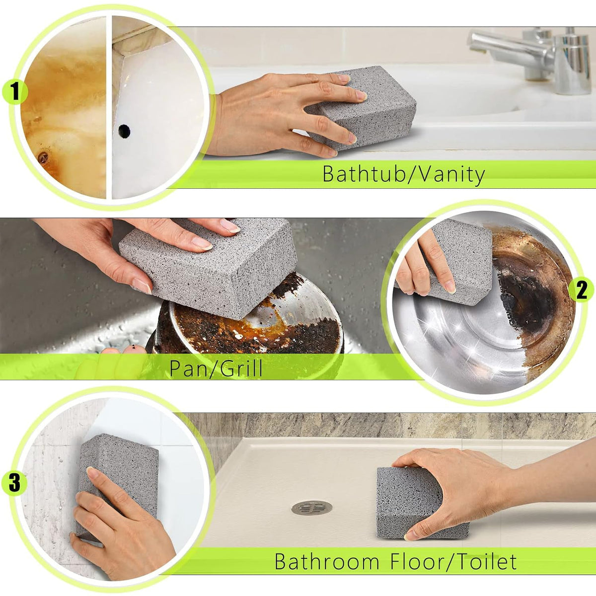A collage showing the gray cleaning block used to clean a dirty bathtub, a pan, and a bathroom floor.