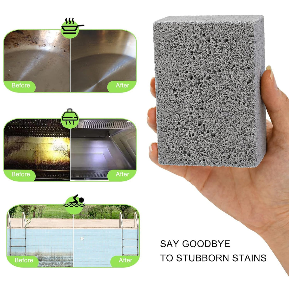 A hand holding a gray cleaning block, with three before-and-after panels showing it cleaning a pan, oven, and pool.