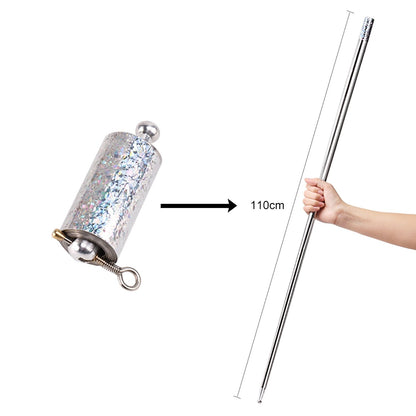 An illustration showing the silver collapsible cane expanding from its compact form to a 110cm long rod.
