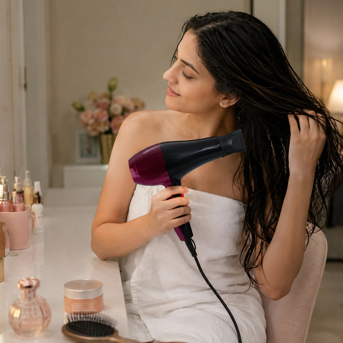 A woman in a white towel dries her dark, wet hair with a red and black hair dryer in a well-lit bathroom.