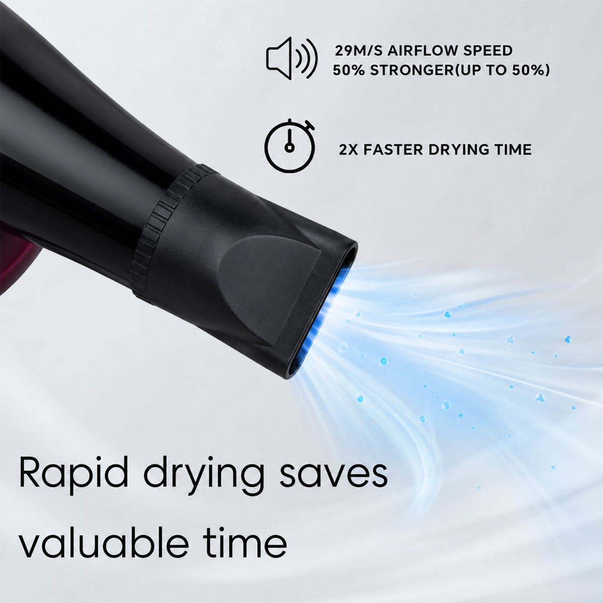 A close-up of the hair dryer's nozzle with blue airflow, highlighting rapid drying features and speed.