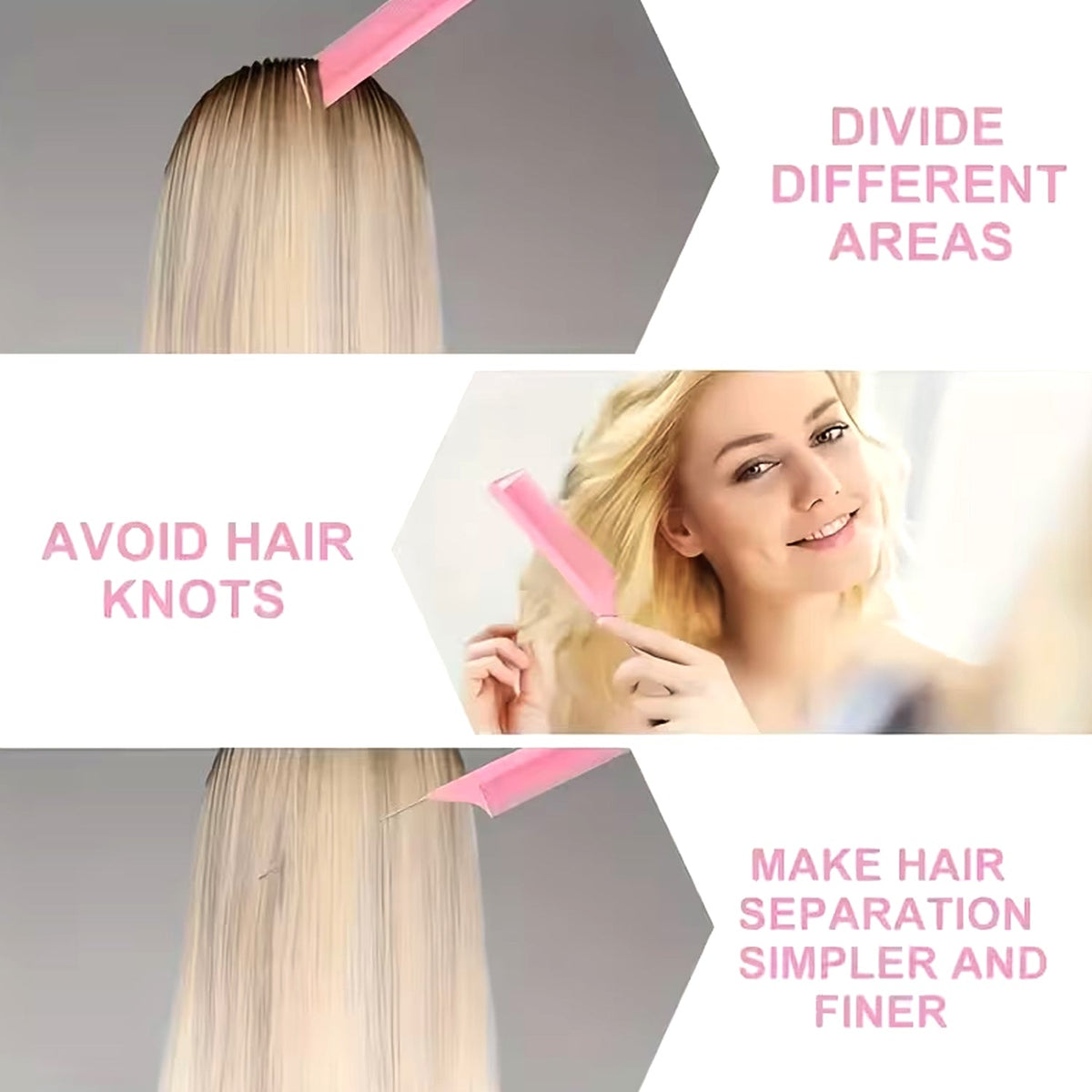 A three-panel image demonstrates using a pink comb to divide and separate hair for styling.