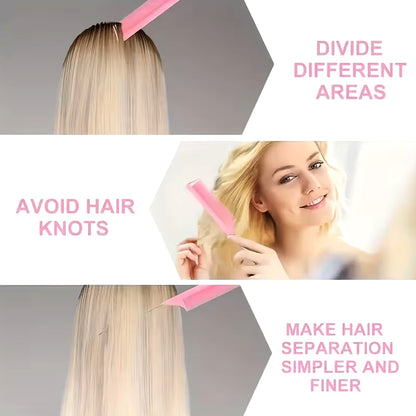 A three-panel image demonstrates using a pink comb to divide and separate hair for styling.