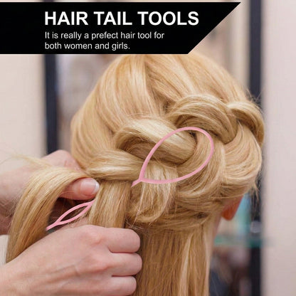 Hands use a pink loop tool to create a braided updo on a blonde mannequin head.