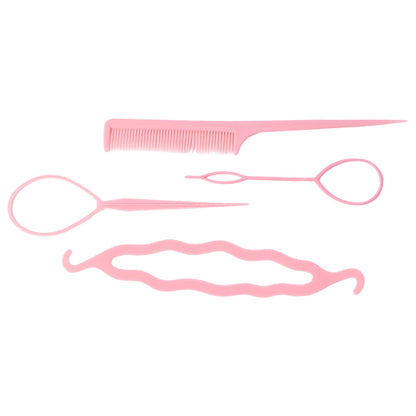 Four pink plastic hair styling tools, including a comb, two loop tools, and a wavy shaper, are arranged on a white