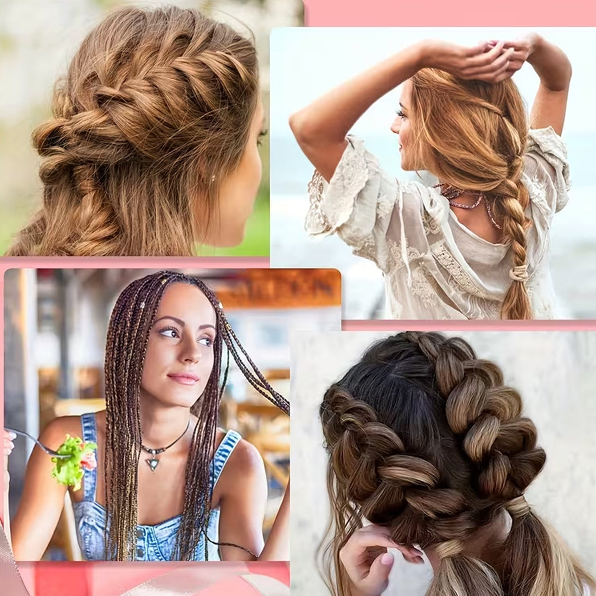 A collage shows four different braided hairstyles on various women, demonstrating diverse looks.