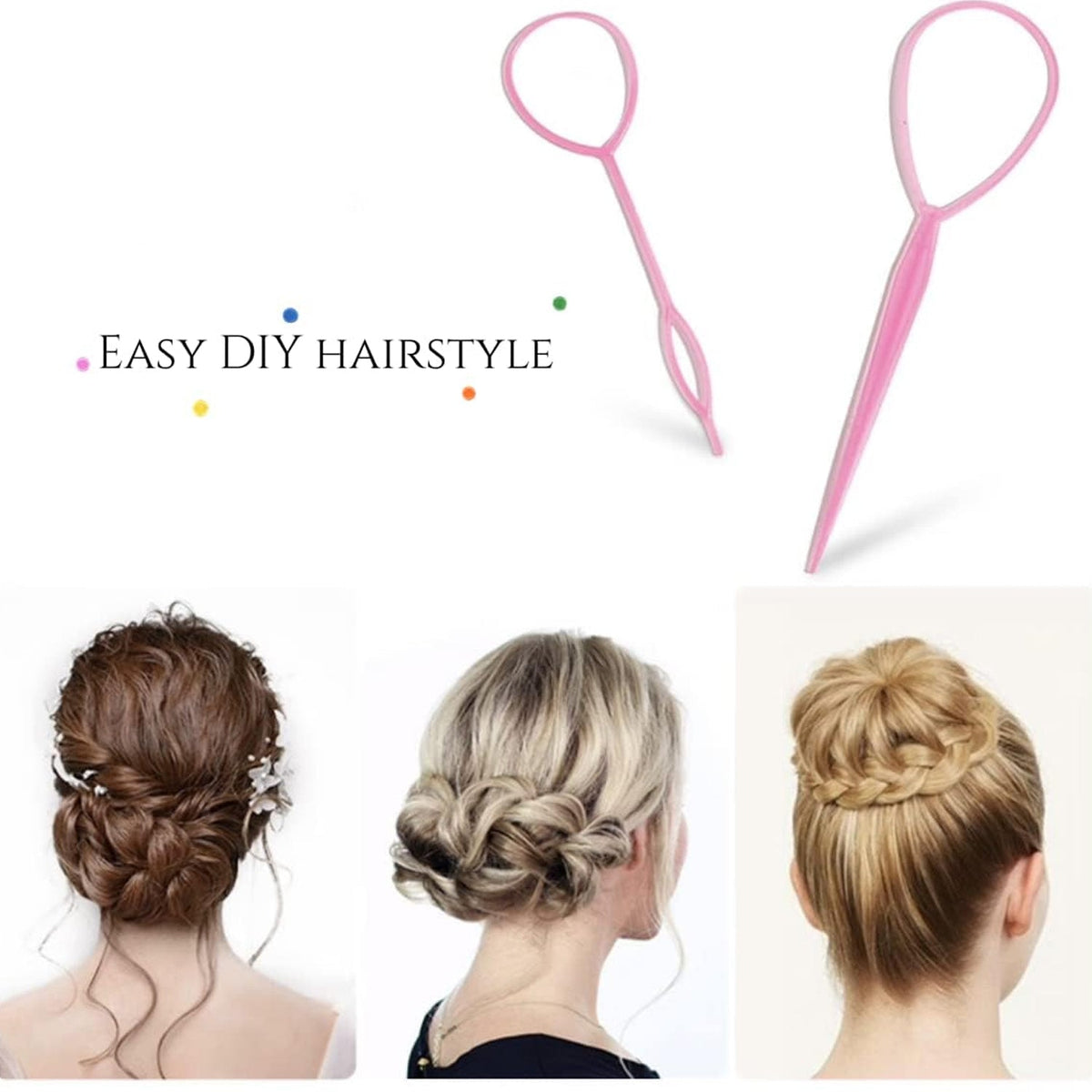 Two pink plastic loop hair tools are shown above a collage of three women with different elegant updos.